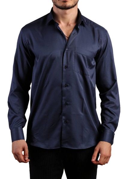 Lacivert Rahat Kesim Micro Kumaş Kol Düğmeli Regular Fit Erkek Gömlek - 190-12 fiyatları