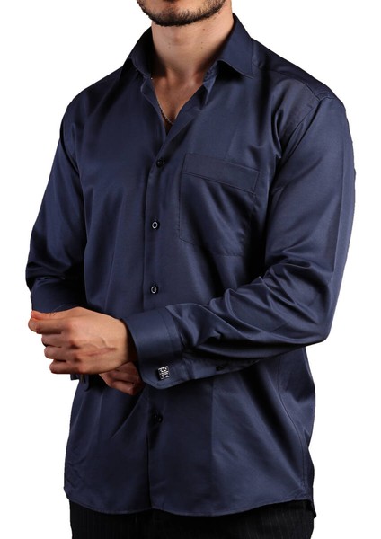 Lacivert Rahat Kesim Micro Kumaş Kol Düğmeli Regular Fit Erkek Gömlek - 190-12 modelleri