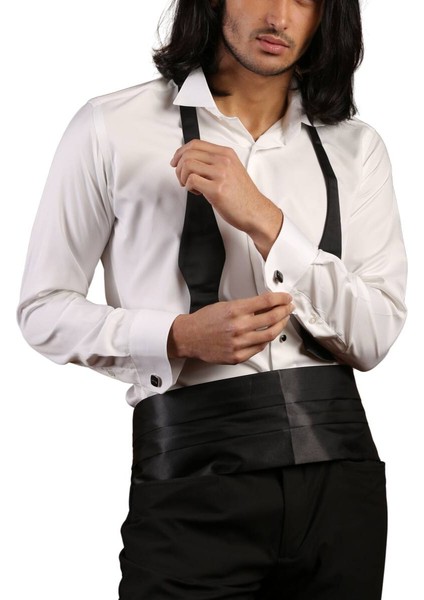 Krem Siyah Taş Düğmeli Damatlık Ata Yaka Kol Düğmeli Slim Fit Smokin Gömlek - 007