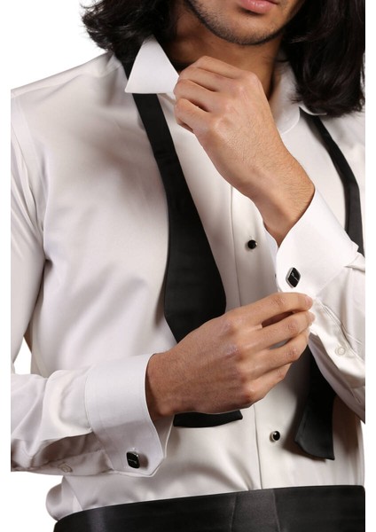 Krem Siyah Taş Düğmeli Damatlık Ata Yaka Kol Düğmeli Slim Fit Smokin Gömlek - 007 modelleri