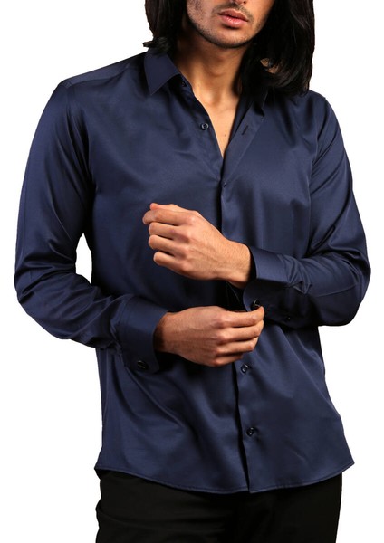 Lacivert Dar Kesim Micro Kumaş Kol Düğmeli Slim Fit Erkek Gömlek - 201-12