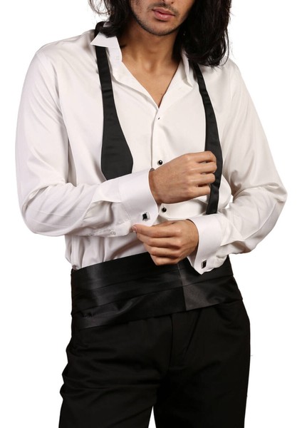 Krem Ekstra Uzun Kol 8 Drop Damatlık Ata Yaka Kol Düğmeli Slim Fit Smokin Gömlek - 014 modelleri