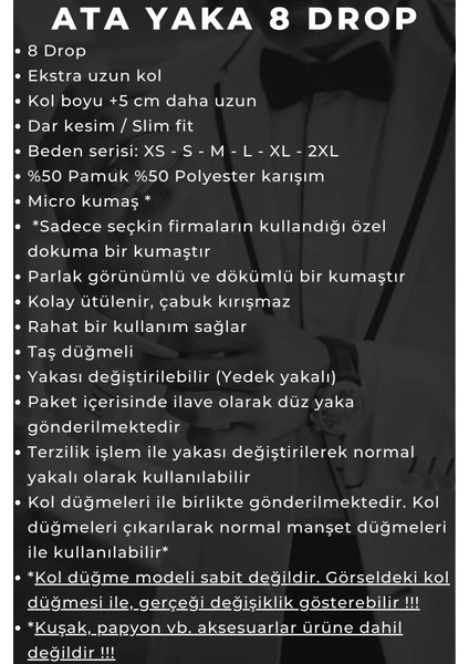 Krem Ekstra Uzun Kol 8 Drop Damatlık Ata Yaka Kol Düğmeli Slim Fit Smokin Gömlek - 014 indirimleri