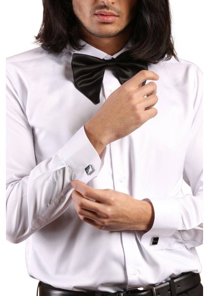 Beyaz Gizli Pat Damatlık Ata Yaka Kol Düğmeli Slim Fit Smokin Gömlek - 001 modelleri