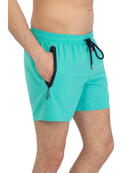 Mint Likralı Esnek Kumaş Su Itici Özellikli Düz Renk Erkek Plaj Deniz Şort Mayo - 2201-MINT