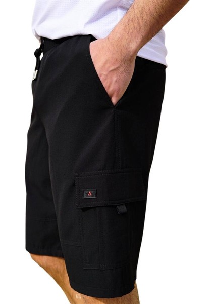 Siyah Kargo Cepli Uzun Model Su Itici Özellikli Düz Renk Erkek Plaj Deniz Şort - 444-SIYAH