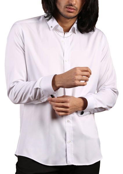 Beyaz Düğmeli Yaka ve Zincirli Uzun Kol Dar Kesim Micro Kumaş Kol Düğmeli Slim Fit Erkek Gömlek - 198-1
