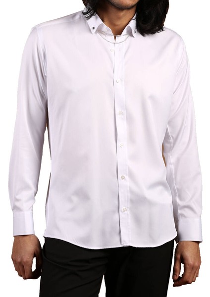 Beyaz Düğmeli Yaka ve Zincirli Uzun Kol Dar Kesim Micro Kumaş Kol Düğmeli Slim Fit Erkek Gömlek - 198-1 fiyatları