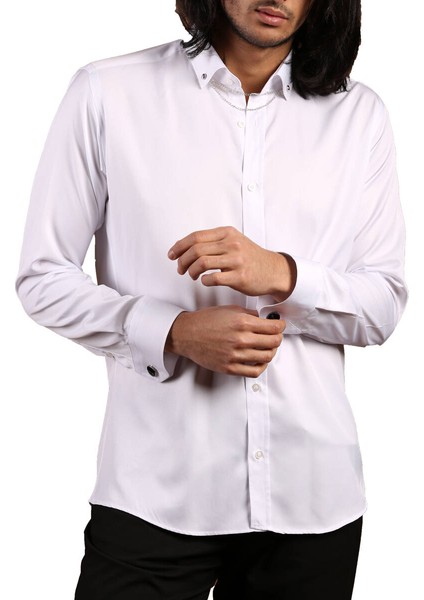 Beyaz Düğmeli Yaka ve Zincirli Uzun Kol Dar Kesim Micro Kumaş Kol Düğmeli Slim Fit Erkek Gömlek - 198-1 modelleri