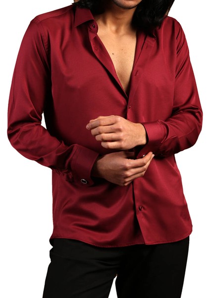 Bordo Dar Kesim Micro Kumaş Kol Düğmeli Slim Fit Erkek Gömlek - 201-13 modelleri