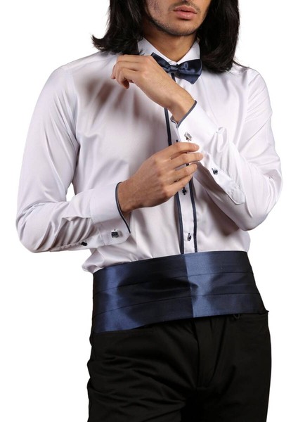 Beyaz Lacivert Çift Bieli Damatlık Ata Yaka Kol Düğmeli Slim Fit Smokin Gömlek - 011