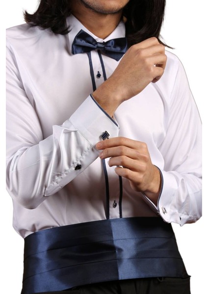 Beyaz Lacivert Çift Bieli Damatlık Ata Yaka Kol Düğmeli Slim Fit Smokin Gömlek - 011 modelleri
