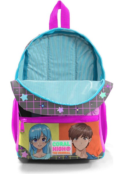 Minik Yuva Sırt Çantası Gri Mavi Pembe Anime Desenli Iki Bölmeli 23537