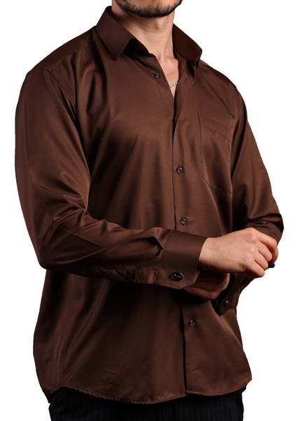 Kahverengi Büyük Beden Rahat Kesim Micro Kumaş Kol Düğmeli Regular Fit Erkek Gömlek - 190-11