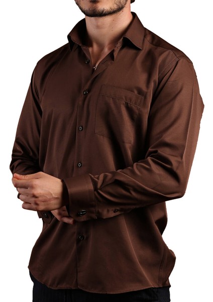 Kahverengi Büyük Beden Rahat Kesim Micro Kumaş Kol Düğmeli Regular Fit Erkek Gömlek - 190-11 modelleri