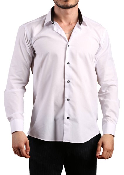 Beyaz Yaka Içi Siyah Dar Kesim Slim Fit Uzun Kol Düz Renk Erkek Gömlek - 152-1 /151