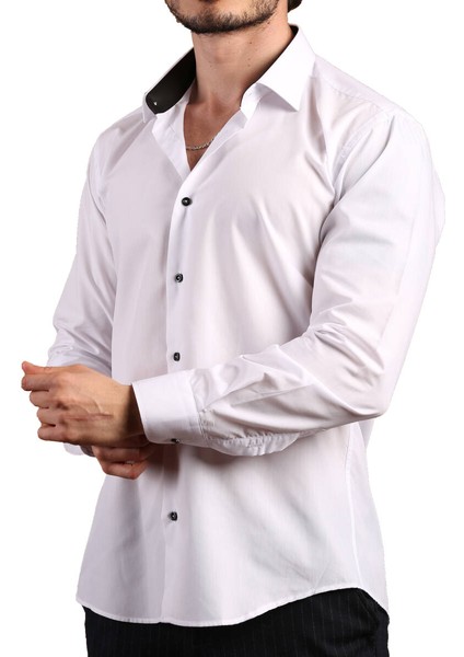 Beyaz Yaka Içi Siyah Dar Kesim Slim Fit Uzun Kol Düz Renk Erkek Gömlek - 152-1 /151 fiyatları