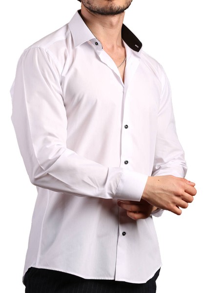 Beyaz Yaka Içi Siyah Dar Kesim Slim Fit Uzun Kol Düz Renk Erkek Gömlek - 152-1 /151 modelleri