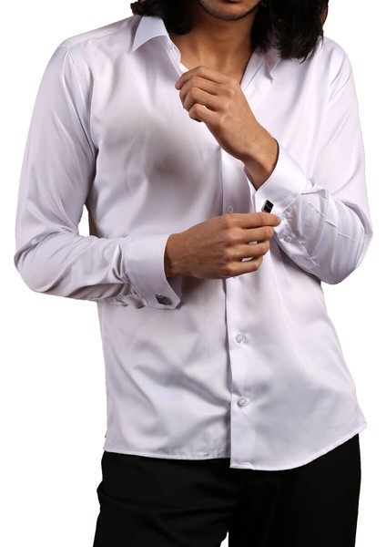 Beyaz Dar Kesim Micro Kumaş Kol Düğmeli Slim Fit Erkek Gömlek - 201-1