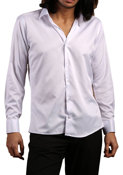 Beyaz Dar Kesim Micro Kumaş Kol Düğmeli Slim Fit Erkek Gömlek - 201-1