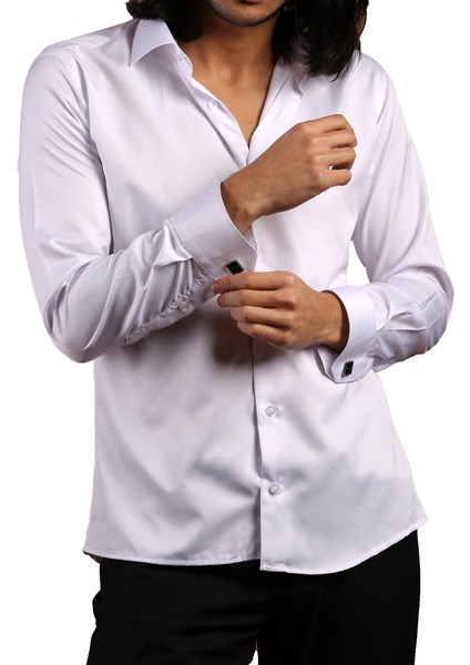 Beyaz Dar Kesim Micro Kumaş Kol Düğmeli Slim Fit Erkek Gömlek - 201-1