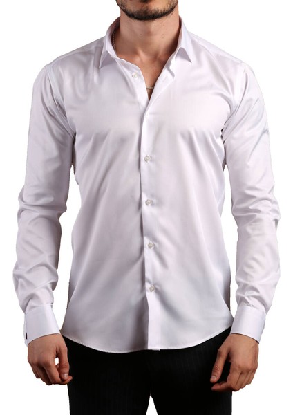 Beyaz 8 Drop Ekstra Uzun Kol Dar Kesim Micro Kumaş Kol Düğmeli Slim Fit Erkek Gömlek - 197-1