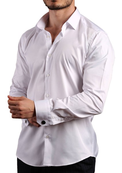 Beyaz 8 Drop Ekstra Uzun Kol Dar Kesim Micro Kumaş Kol Düğmeli Slim Fit Erkek Gömlek - 197-1