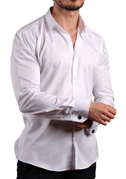Beyaz 8 Drop Ekstra Uzun Kol Dar Kesim Micro Kumaş Kol Düğmeli Slim Fit Erkek Gömlek - 197-1