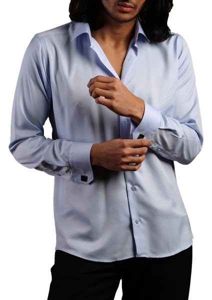 Mavi Dar Kesim Micro Kumaş Kol Düğmeli Slim Fit Erkek Gömlek - 201-4 modelleri