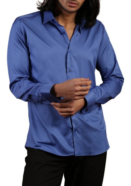 Saks Mavi Dar Kesim Micro Kumaş Kol Düğmeli Slim Fit Erkek Gömlek - 201-14