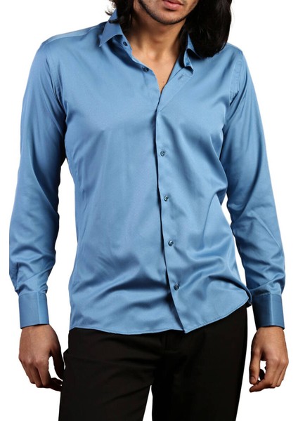 Turkuaz Mavi Dar Kesim Micro Kumaş Kol Düğmeli Slim Fit Erkek Gömlek - 201-18
