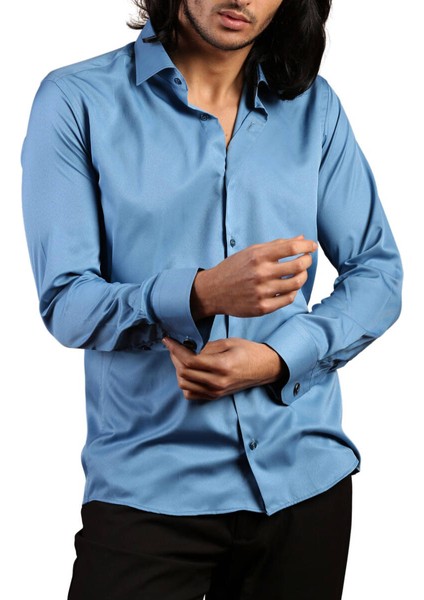 Turkuaz Mavi Dar Kesim Micro Kumaş Kol Düğmeli Slim Fit Erkek Gömlek - 201-18
