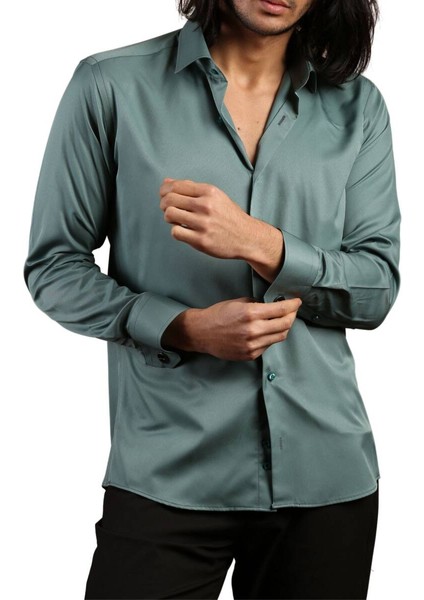 Haki Yeşil Dar Kesim Micro Kumaş Kol Düğmeli Slim Fit Erkek Gömlek - 201-19