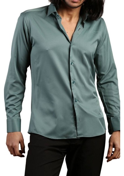 Haki Yeşil Dar Kesim Micro Kumaş Kol Düğmeli Slim Fit Erkek Gömlek - 201-19 fiyatları