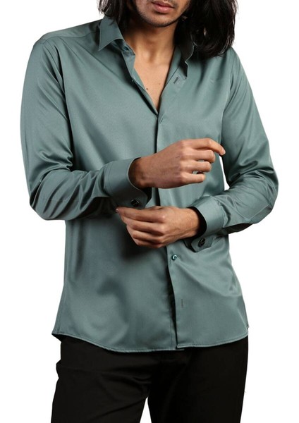 Haki Yeşil Dar Kesim Micro Kumaş Kol Düğmeli Slim Fit Erkek Gömlek - 201-19 modelleri