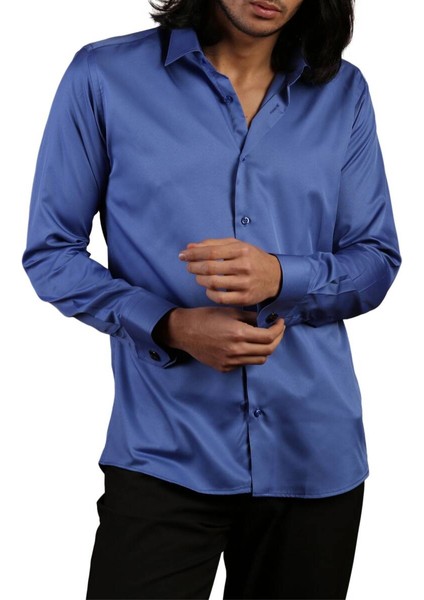 Saks Mavi Dar Kesim Micro Kumaş Kol Düğmeli Slim Fit Erkek Gömlek - 201-14