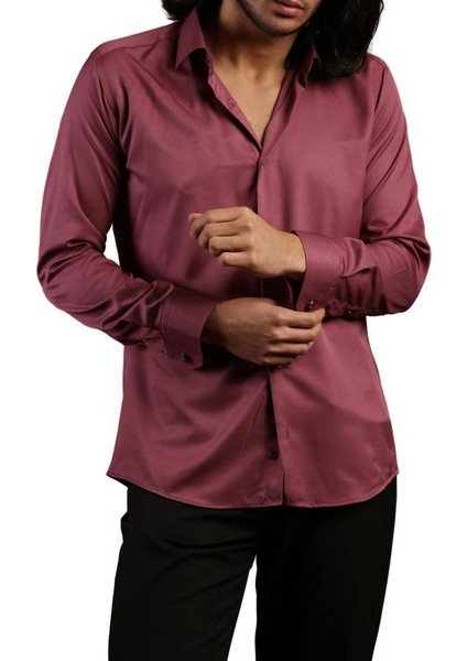 Mürdüm Dar Kesim Micro Kumaş Kol Düğmeli Slim Fit Erkek Gömlek - 201-23