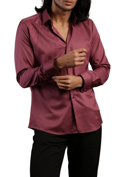 Mürdüm Dar Kesim Micro Kumaş Kol Düğmeli Slim Fit Erkek Gömlek - 201-23 modelleri