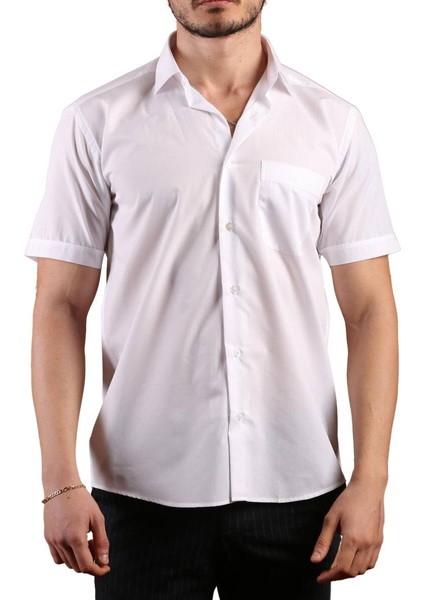 Beyaz Kısa Kol Rahat Kesim Cepli Regular Fit Erkek Gömlek - 500-1