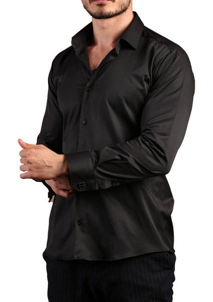 Siyah Ekstra Dar Kesim Likralı Esnek Micro Kumaş Kol Düğmeli Slim Fit Erkek Gömlek - 195-6 fiyatları