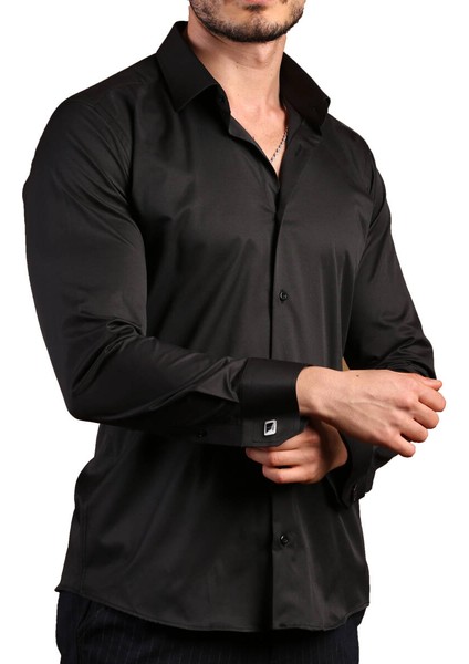 Siyah Ekstra Dar Kesim Likralı Esnek Micro Kumaş Kol Düğmeli Slim Fit Erkek Gömlek - 195-6 modelleri