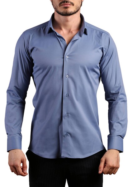 Indigo Ekstra Dar Kesim Likralı Esnek Micro Kumaş Kol Düğmeli Slim Fit Erkek Gömlek - 195-5
