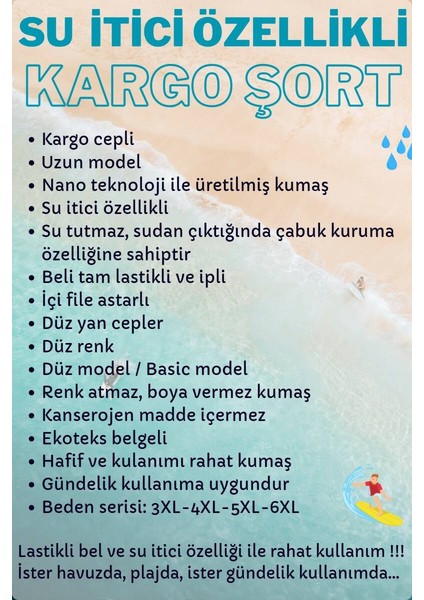 Lacivert Büyük Beden Kargo Cepli Uzun Model Su Itici Özellikli Düz Renk Erkek Plaj Deniz Şort - 444-LACIVERT fırsatları