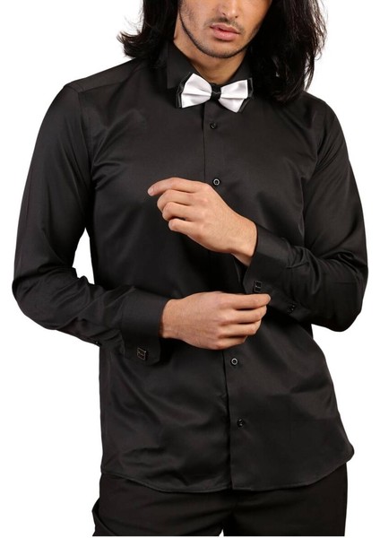 Siyah Düz Damatlık Ata Yaka Kol Düğmeli Slim Fit Smokin Gömlek - 010