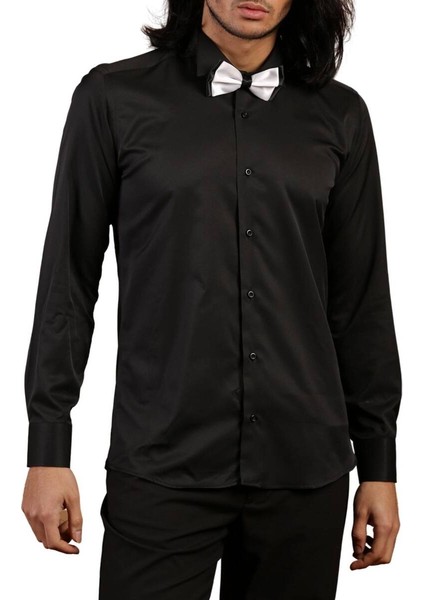 Siyah Düz Damatlık Ata Yaka Kol Düğmeli Slim Fit Smokin Gömlek - 010 fiyatları