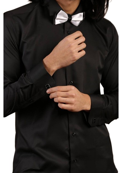 Siyah Düz Damatlık Ata Yaka Kol Düğmeli Slim Fit Smokin Gömlek - 010 modelleri