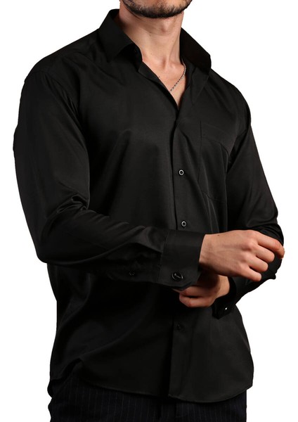 Siyah Rahat Kesim Micro Kumaş Kol Düğmeli Regular Fit Erkek Gömlek - 190-6