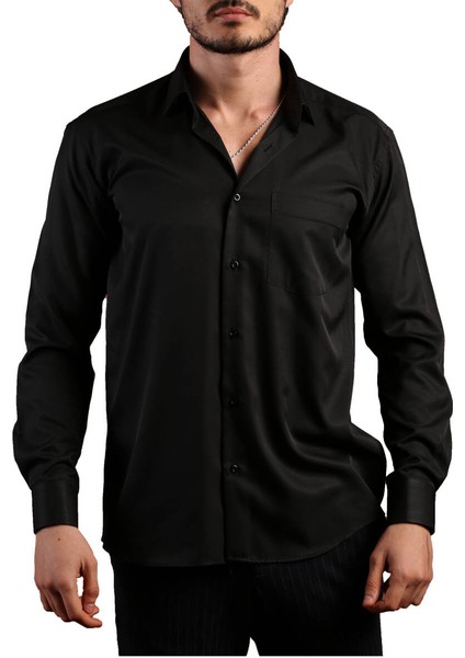 Siyah Rahat Kesim Micro Kumaş Kol Düğmeli Regular Fit Erkek Gömlek - 190-6