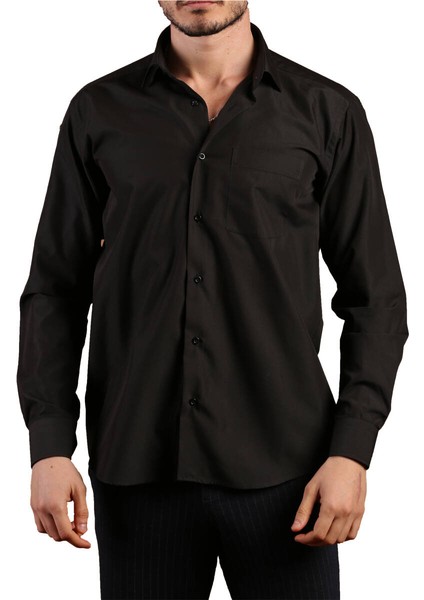 Siyah Rahat Kesim Cepli Uzun Kol Regular Fit Erkek Gömlek - 150-20