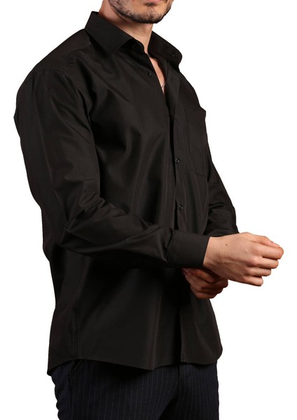 Siyah Rahat Kesim Cepli Uzun Kol Regular Fit Erkek Gömlek - 150-20 modelleri